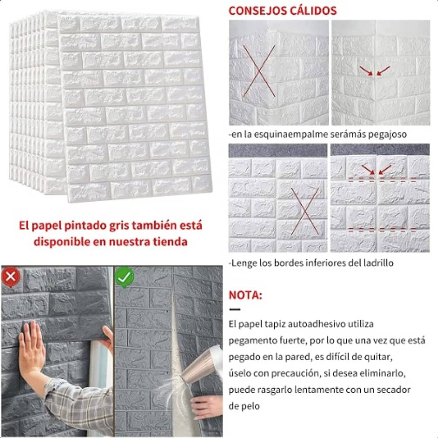 Pack 10 Lamina Papel Mural Autoadhesivo 3d Ladrillo Blanco image number 5.0