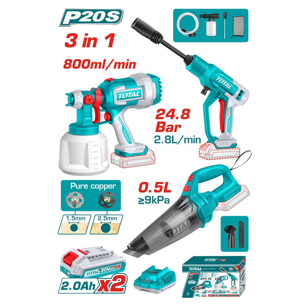 Kit 20v Pulverizadora Inalámbrico, Hidrolavadora Y Aspiradora Manual, 2 Baterías Y Cargador Total image number 0.0