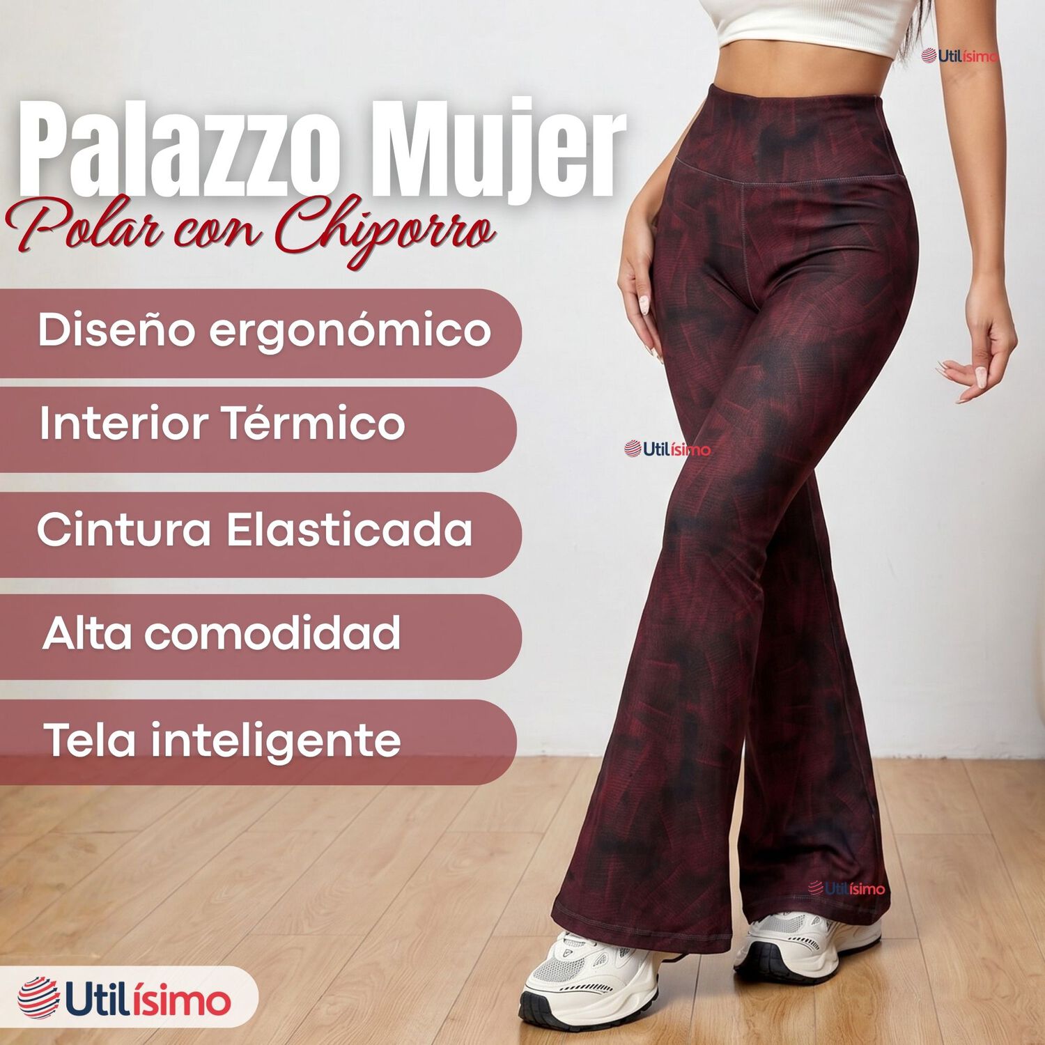 Pantal&oacute;n Polar Con Chiporro Palazzo Mujer Calza Elasticada T&eacute;rmica Burdeo image number 2.0