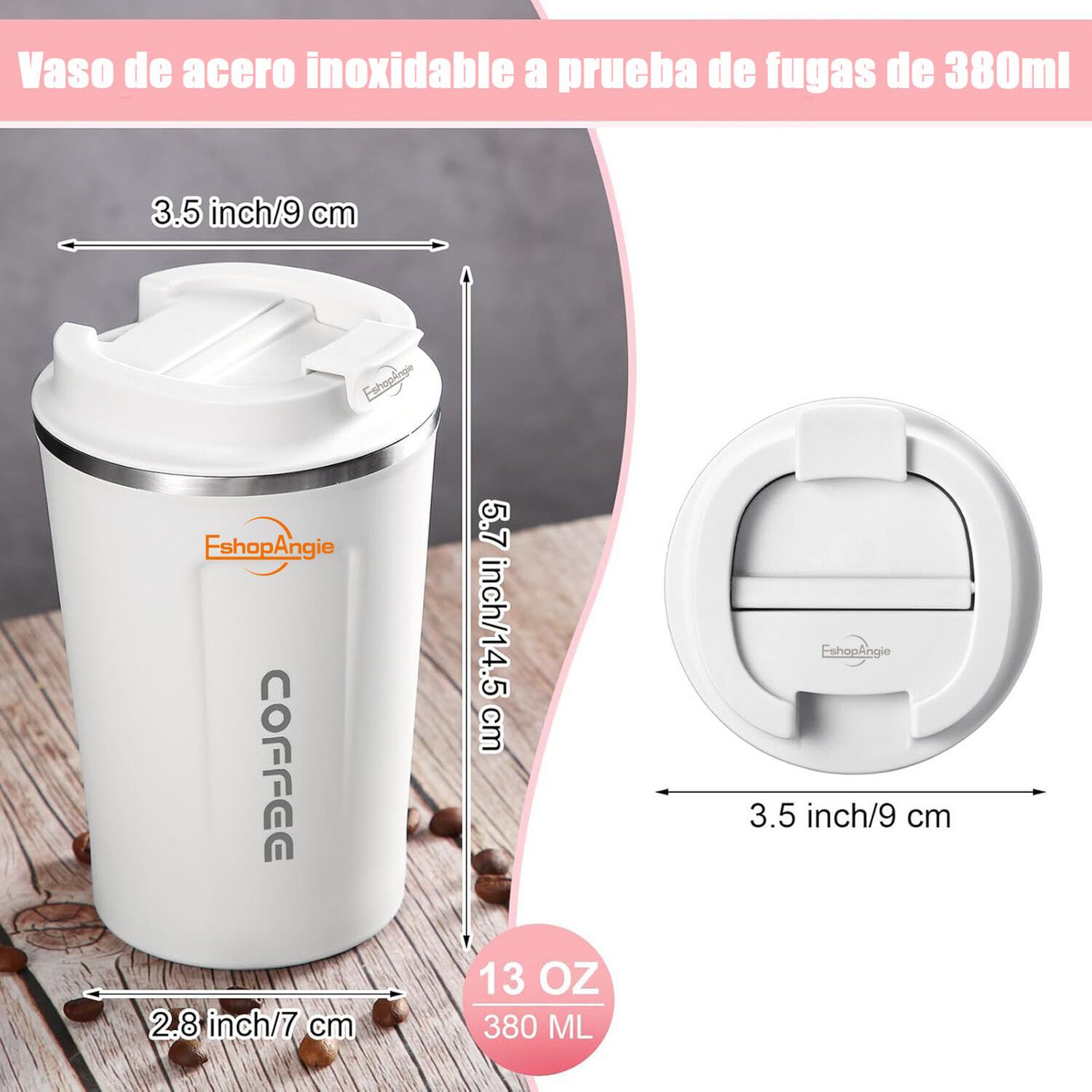 Termo Mug Caf&eacute; 380ml Acero Inoxidable Port&aacute;til Blanco image number 5.0