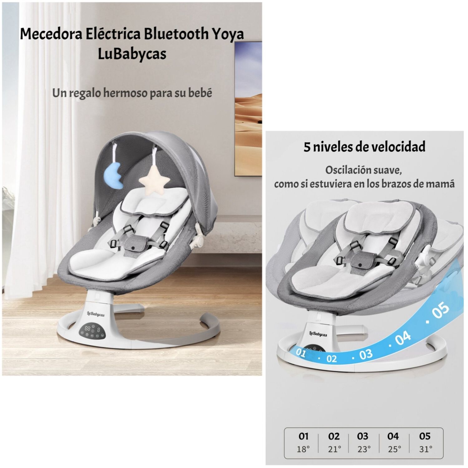 Mecedora El&eacute;ctrica 2 En 1 Bluetooth Yoya Rosada Lubabycas image number 8.0