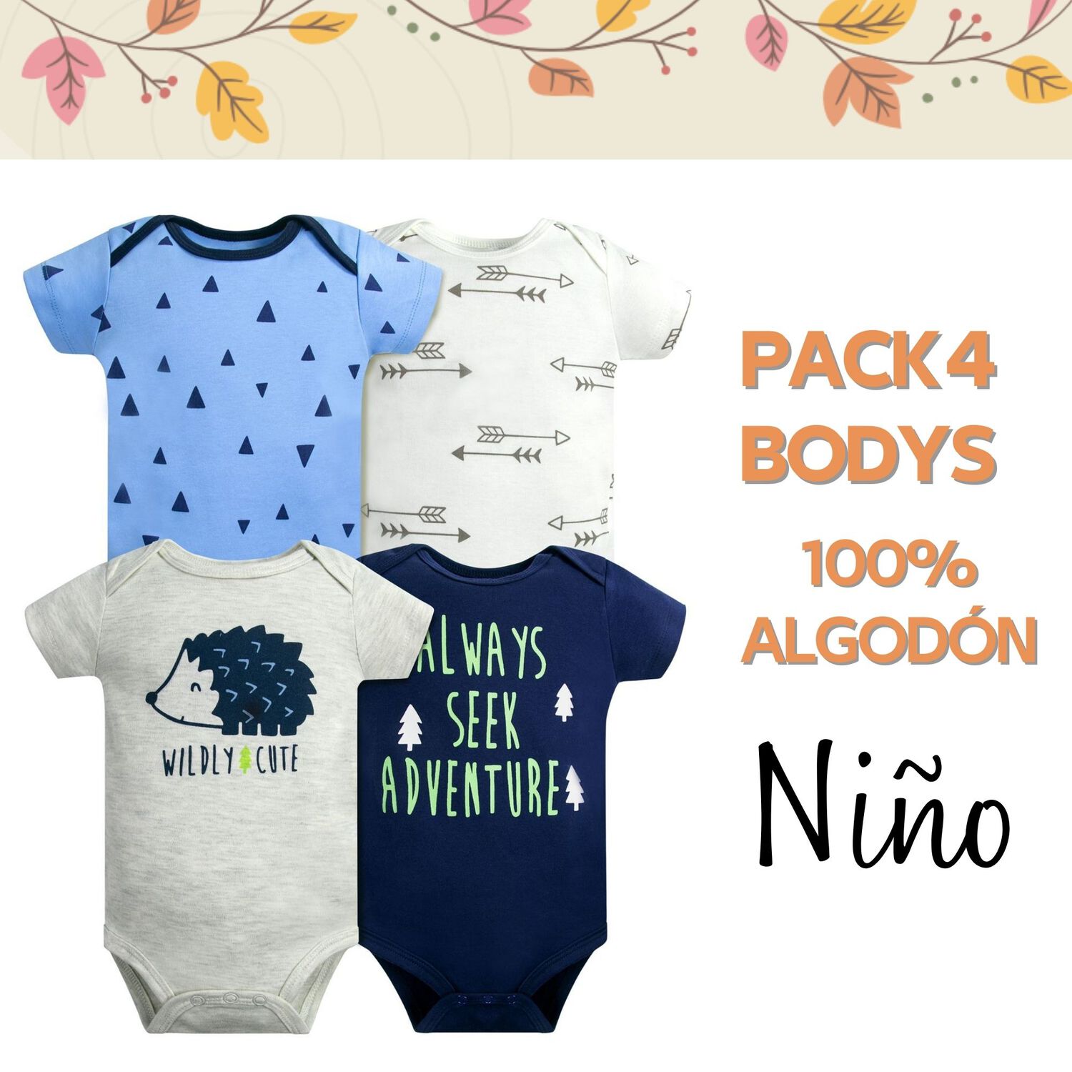 Pack 4 Bodys Ni&ntilde;o Manga Corta Tedmimak 100% Algod&oacute;n Puercoesp&iacute;n Azul image number 4.0