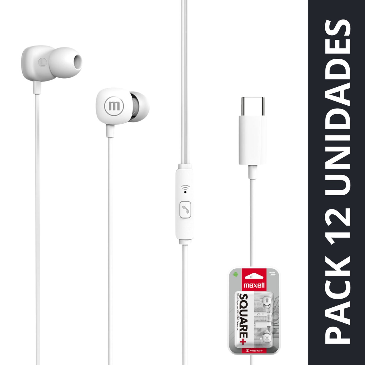 Pack 12 Audífonos Maxell Tipo C Square Blanco