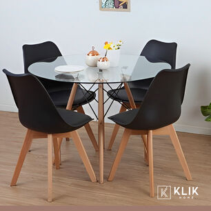 Comedor Mesa Eames Vidrio 100 Cm + 4 Sillas Tulip Negras