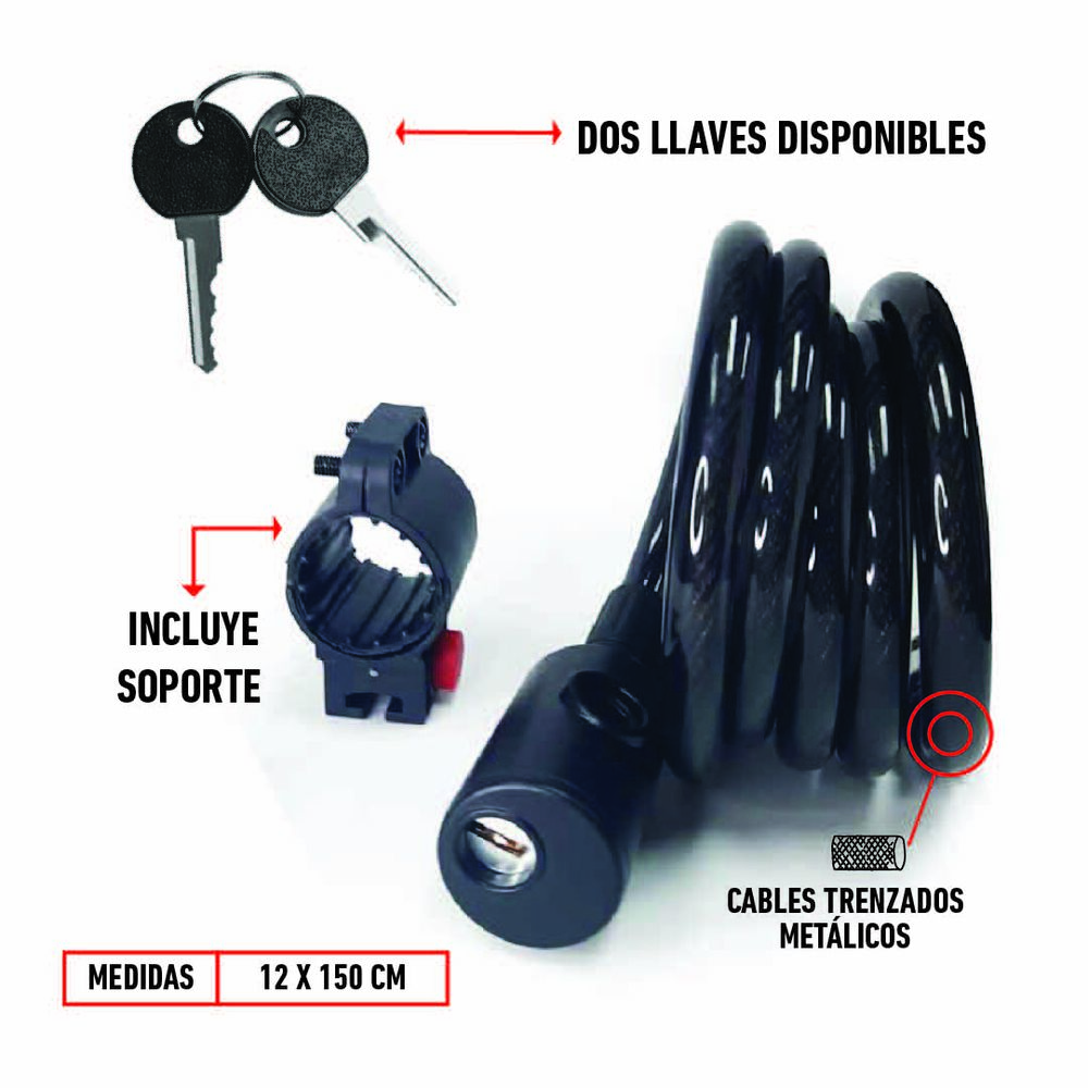 Cadena Espiral Onwheels Con Llave 1.2x150cm Negro image number 6.0