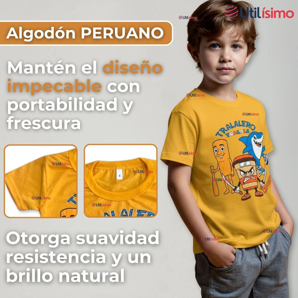 Polera Brainrots 100% Algodón Manga Corta Niño Tralalero Amarillo image number 1.0