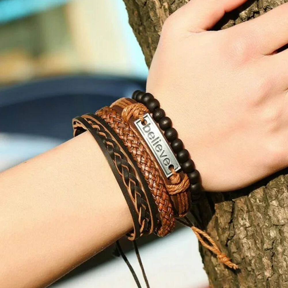 Pulseras Brazalete Cuero Genuino Tibetano Con Dije Believe image number 2.0