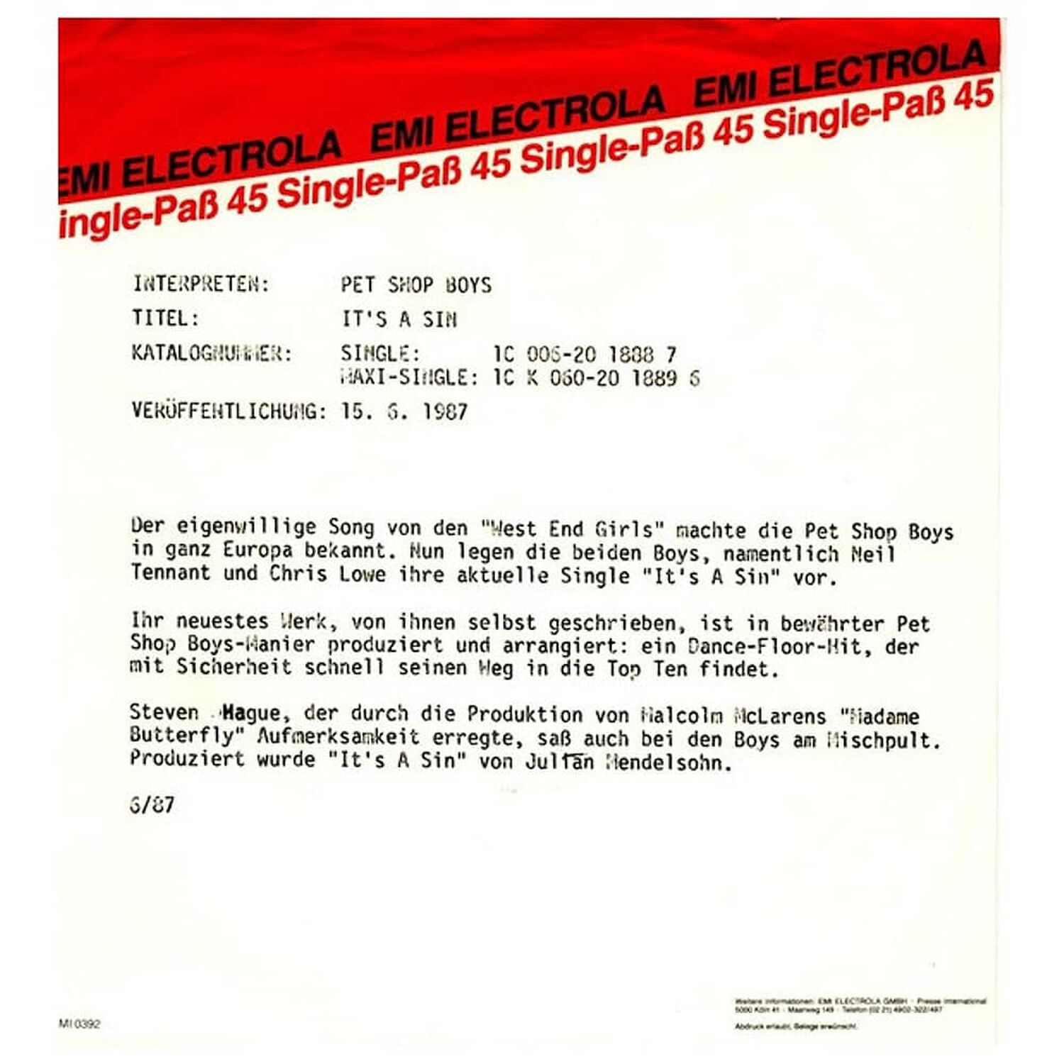 Pet Shop Boys - It's A Sin | 7" Single Usado image number 4.0