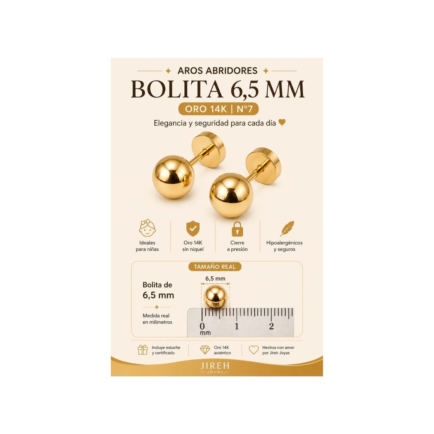 Aros Abridores Bolita 6.5mm N7 Oro 14k Ni&ntilde;a Hipoalerg&eacute;nicos Dorado image number 4.0