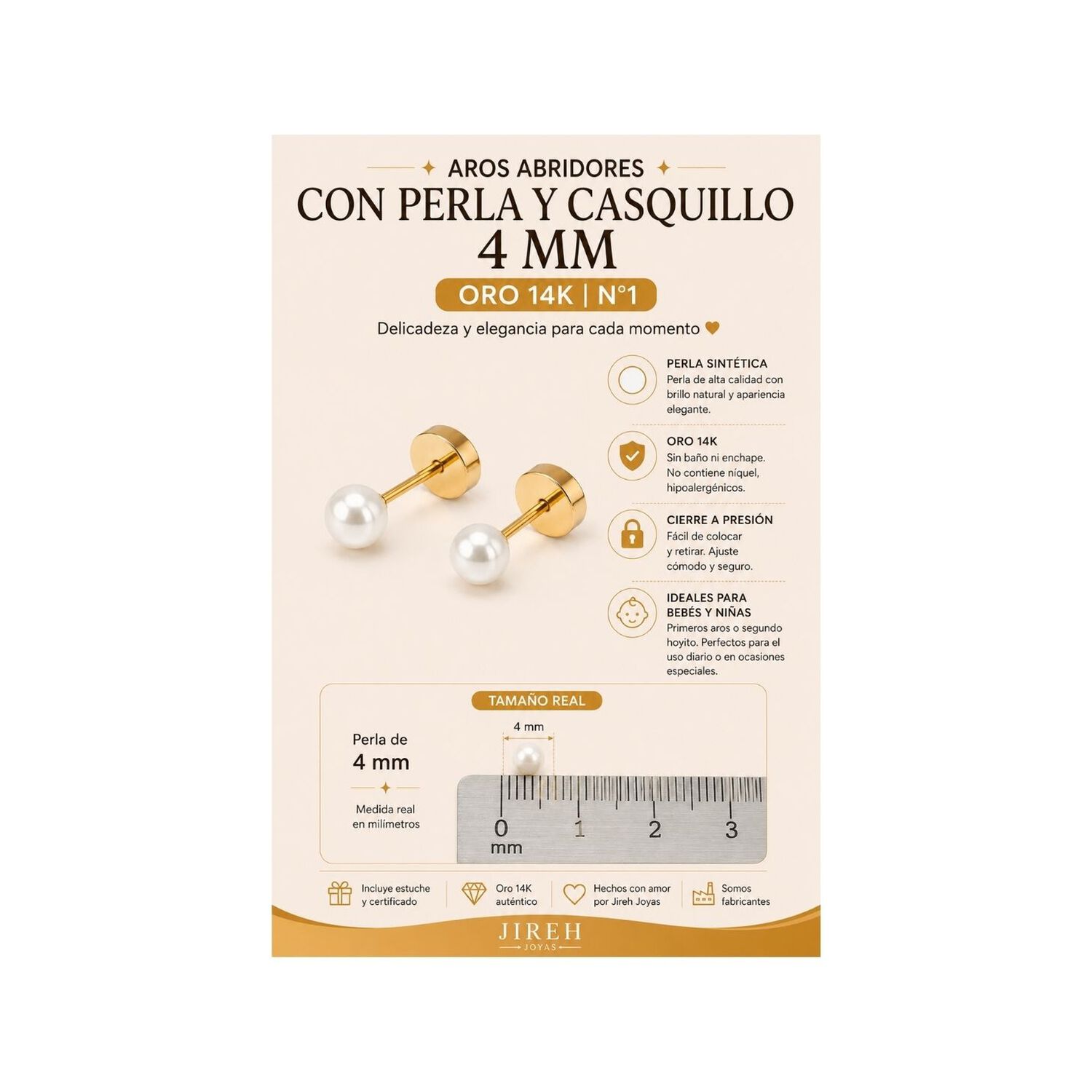 Aros Abridores Perla Casquillo 4mm N1 Oro 14k Beb&eacute; Ni&ntilde;a Dorado 4mm image number 3.0