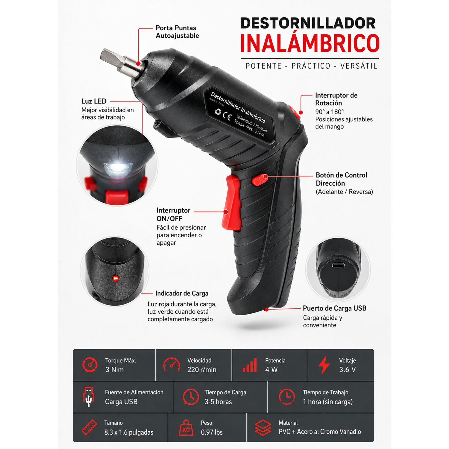 Taladro Destornillador Inal&aacute;mbrico Recargable + Accesorios image number 4.0
