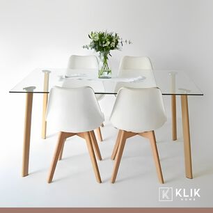 Comedor Mesa De Vidrio N&oacute;rdica 140x90 Cm + 4 Sillas Tulip Blancas
