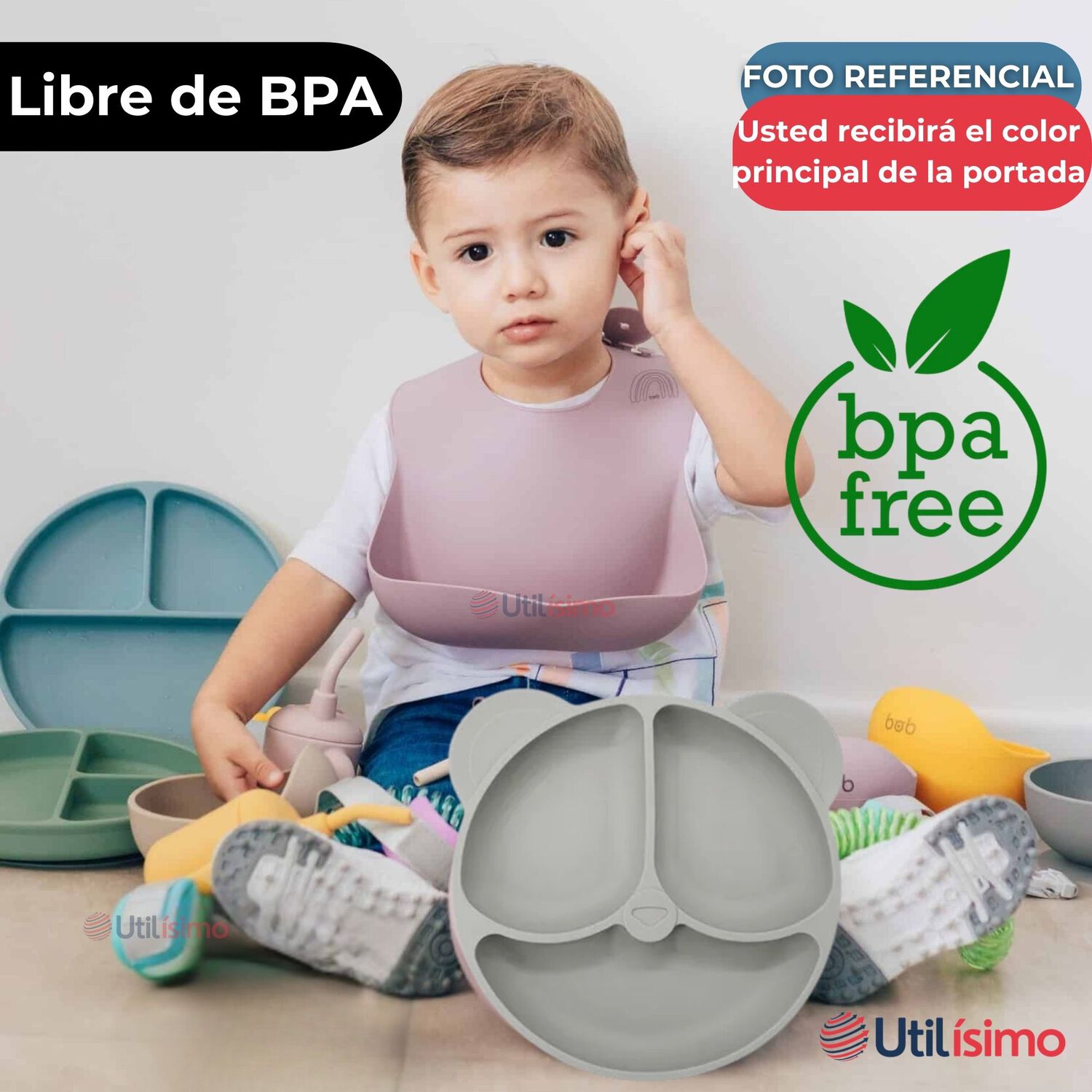 Set De Alimentaci&oacute;n Beb&eacute; Silicona De Oso 6 Piezas Libre Bpa Color Gris image number 2.0