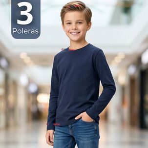 Pack 3 Poleras Camisetas Bamb&uacute; Azul Oscuro Cuello Redondo Primera Capa Manga Larga Ni&ntilde;o