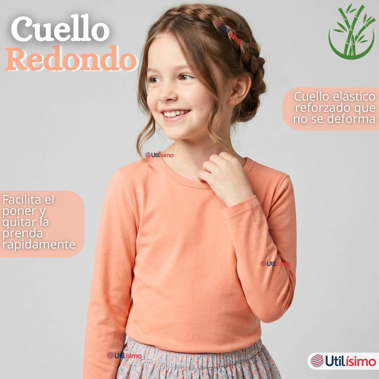 Pack 3 Camisetas Poleras Bamb&uacute; Cuello Redondo Salm&oacute;n Primera Capa Manga Larga Ni&ntilde;a image number 7.0