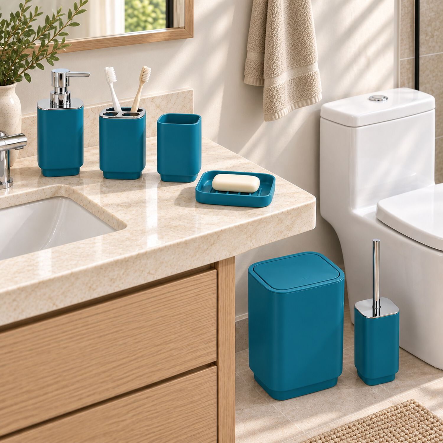 Set De Ba&ntilde;o Completo 6 Piezas De Abs Con Basurero Dispensador Y Escobilla Color Turquesa image number 3.0