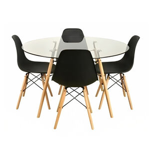 Comedor Mesa Eames Vidrio 100cm + 4 Sillas Eames Negras
