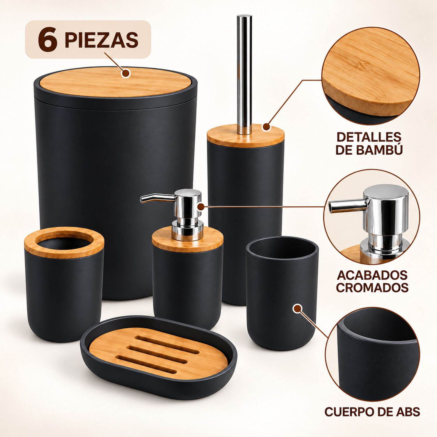 Set De Ba&ntilde;o 6 Piezas Moderno Con Bamb&uacute; Incluye Basurero Y Dispensador Color Negro image number 1.0