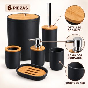 Set De Ba&ntilde;o 6 Piezas Moderno Con Bamb&uacute; Incluye Basurero Y Dispensador Color Negro