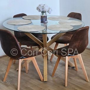 Comedor Warwick 100cm + 4 Sillas Capitonne Ecocuero Vintage Cafe