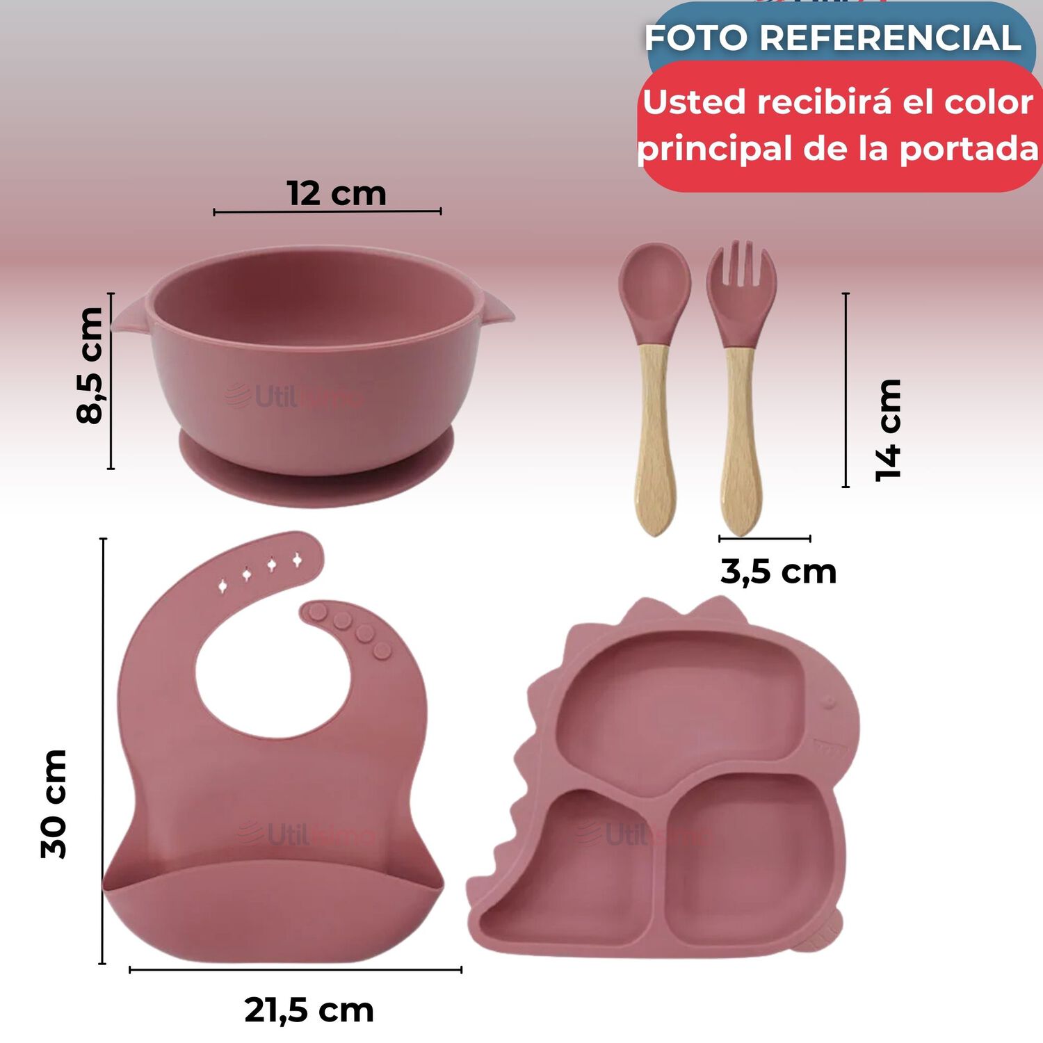 Set Alimentaci&oacute;n Silicona Beb&eacute; 5 Piezas Dinosaurio Libre Bpa Color Rosa Oscuro image number 2.0