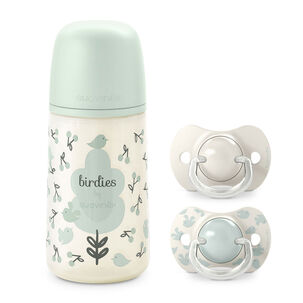 Pack Chupetes + Mamadera 270ml Birdies Verde 6-18m