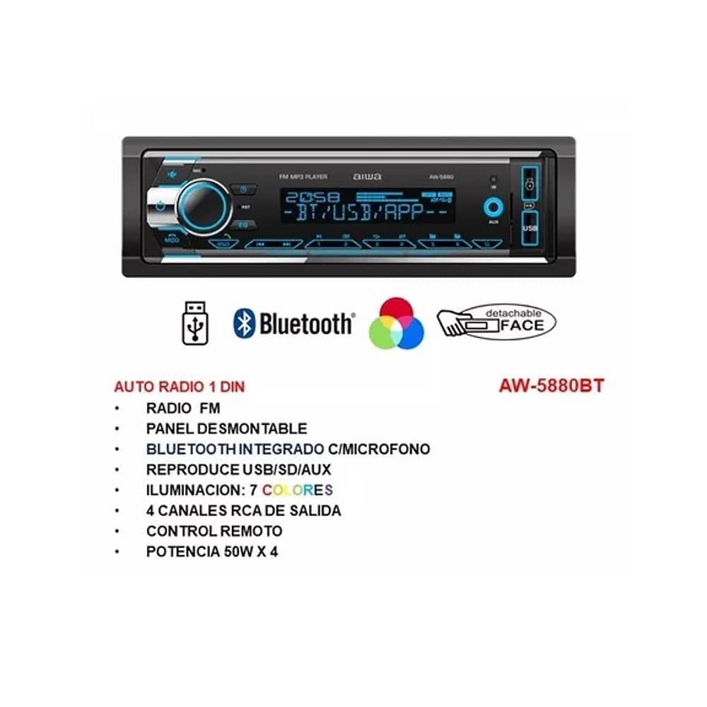 Radio Para Auto Aiwa Aw-5880 Con Usb, Bluetooth Y Lector De Tarjeta Sd image number 1.0