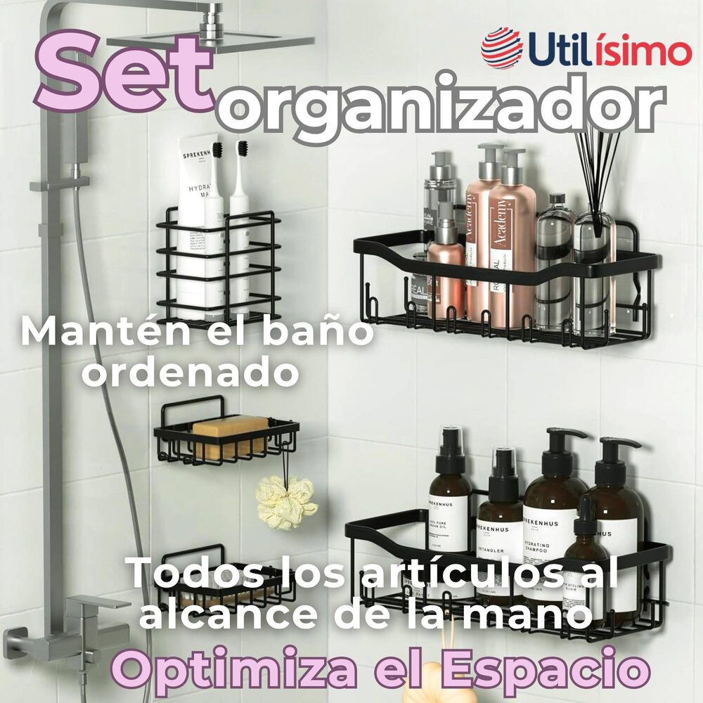 Set Organizador De Ducha 5 Piezas Acero Inoxidable Instalación Adhesiva image number 1.0