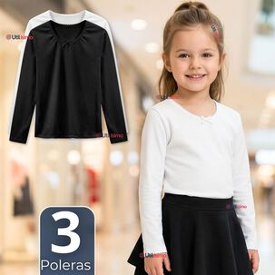 Pack 3 Camisetas Poleras Algod&oacute;n Cuello Redondo Primera Capa Manga Larga Colores Surtidos Ni&ntilde;a
