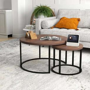 Set 2 Mesas Nido Redondas Madera Metal Living Moderna Caf&eacute;