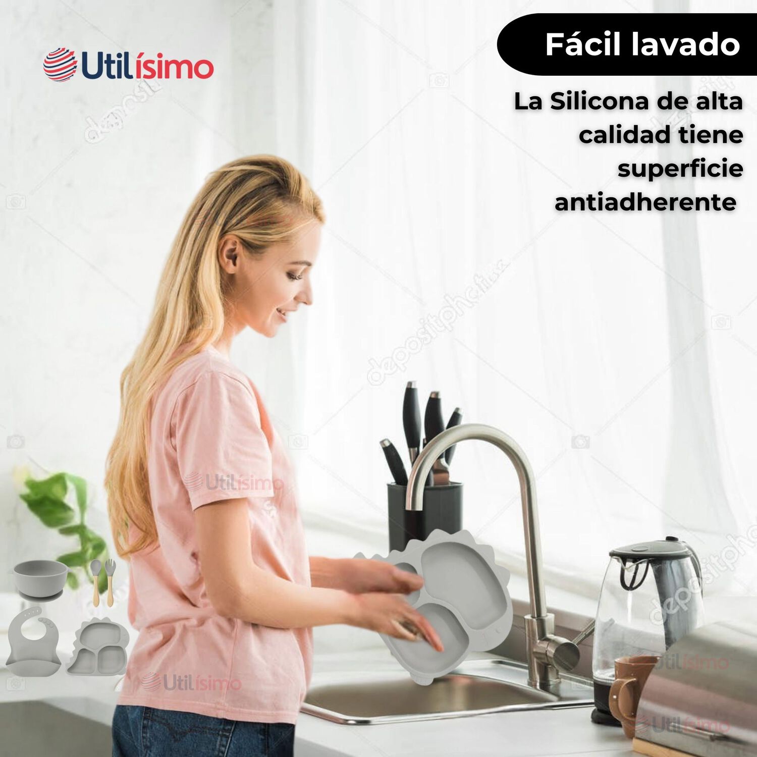 Set Alimentaci&oacute;n Silicona Beb&eacute; 5 Piezaslibrebpa Color Gris image number 5.0