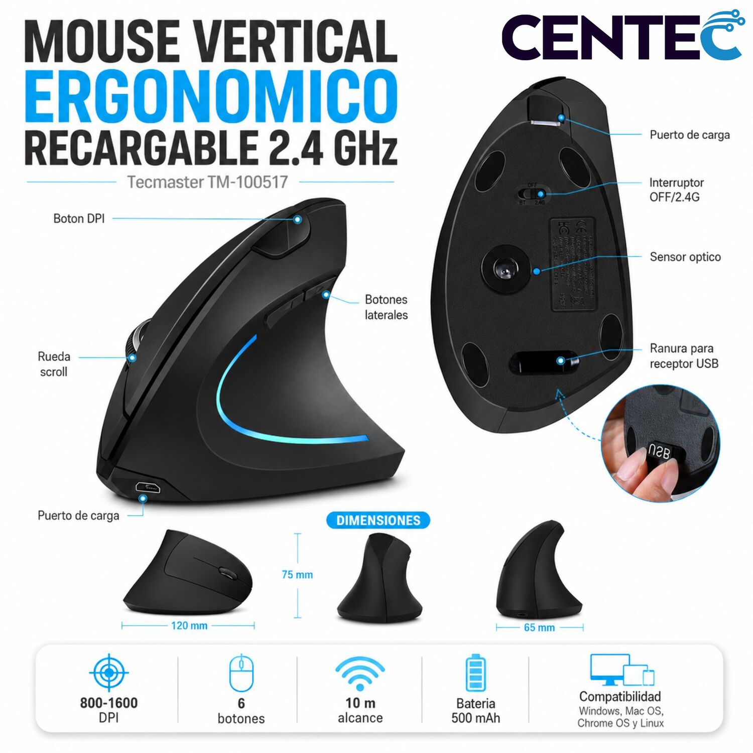 Mouse Vertical Inal&aacute;mbrico Ergon&oacute;mico Recargable 2.4 Ghz Pro image number 7.0