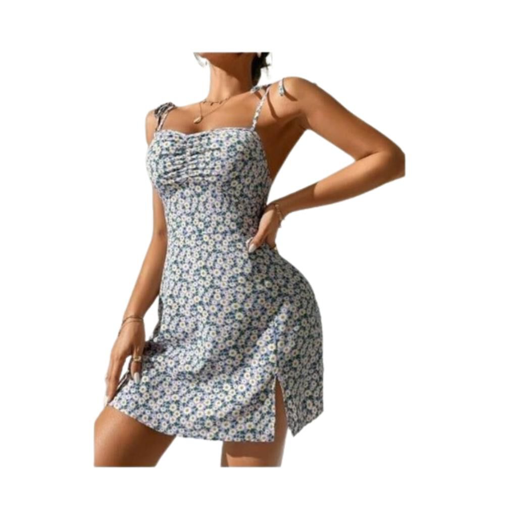 Vestido Tirante Floral Fruncido Cordón Bajo Abertura Juvenil image number 3.0