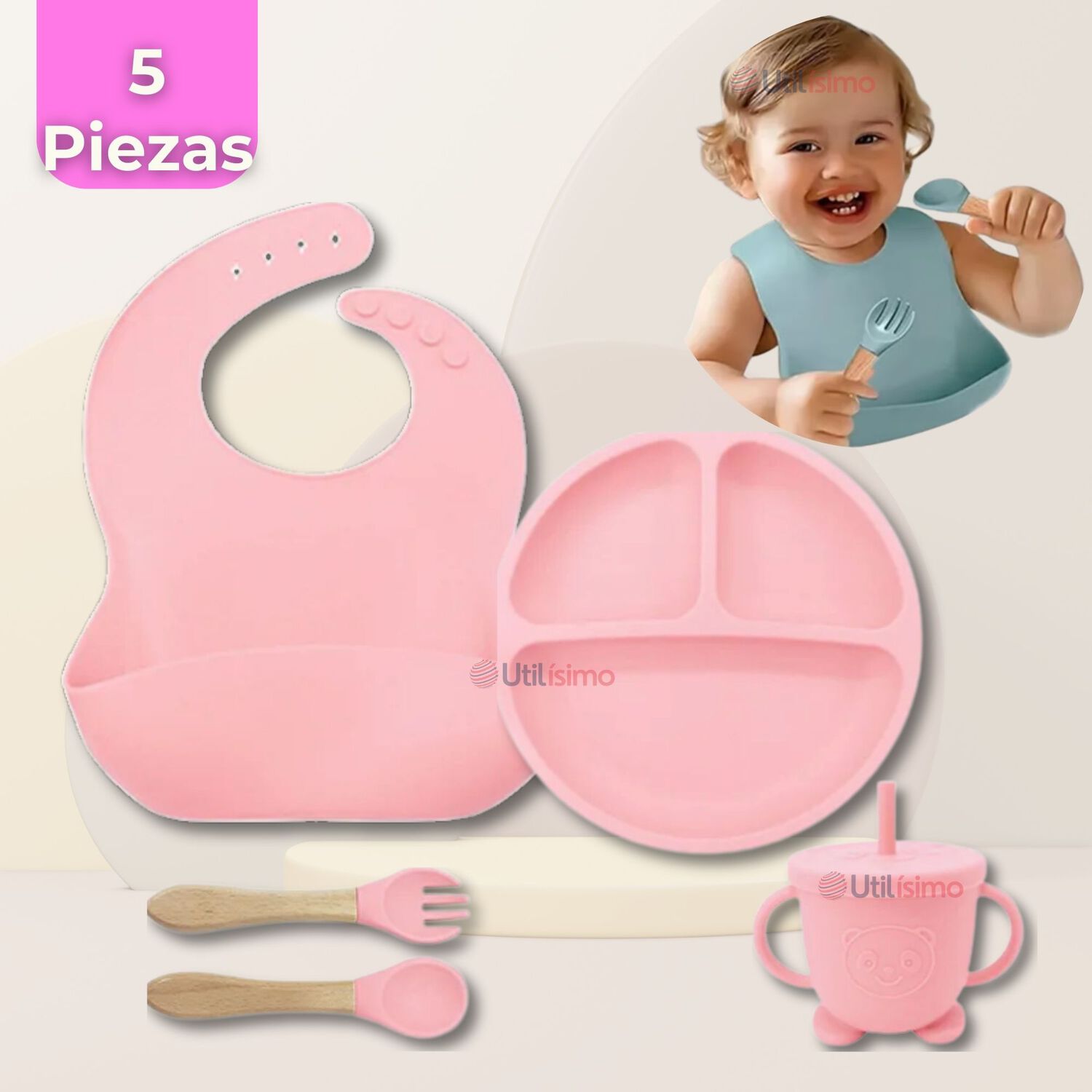 Set De Alimentaci&oacute;n Beb&eacute; Silicona Con Vaso 5 Piezas Libre Bpa Color Rosa Claro image number 0.0