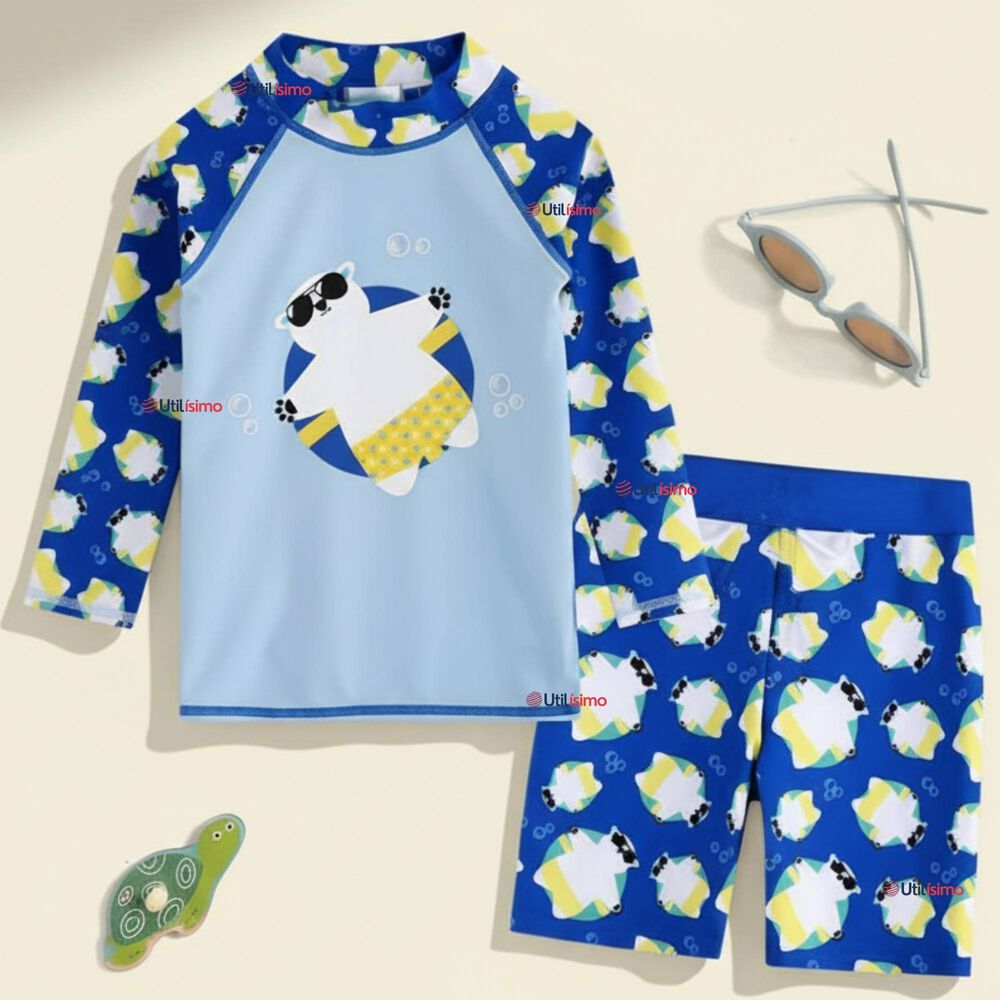 Traje De Ba&ntilde;o Manga Larga Pantal&oacute;n Corto 2 Piezas Corte Split Ni&ntilde;o 3 A 9 A&ntilde;os Blue Polar Bear image number 0.0