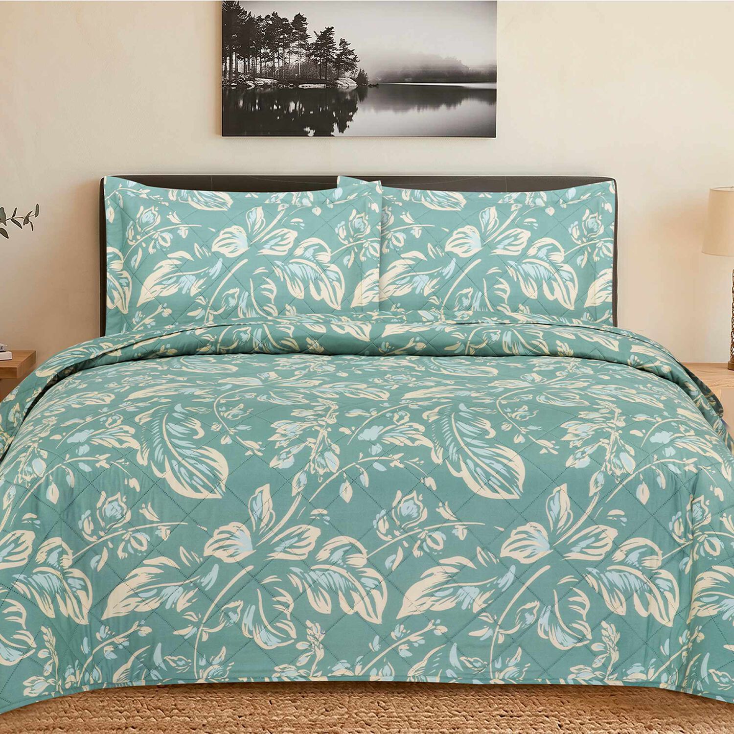 Quilt Andes Estampado Hojas Aqua King image number 0.0