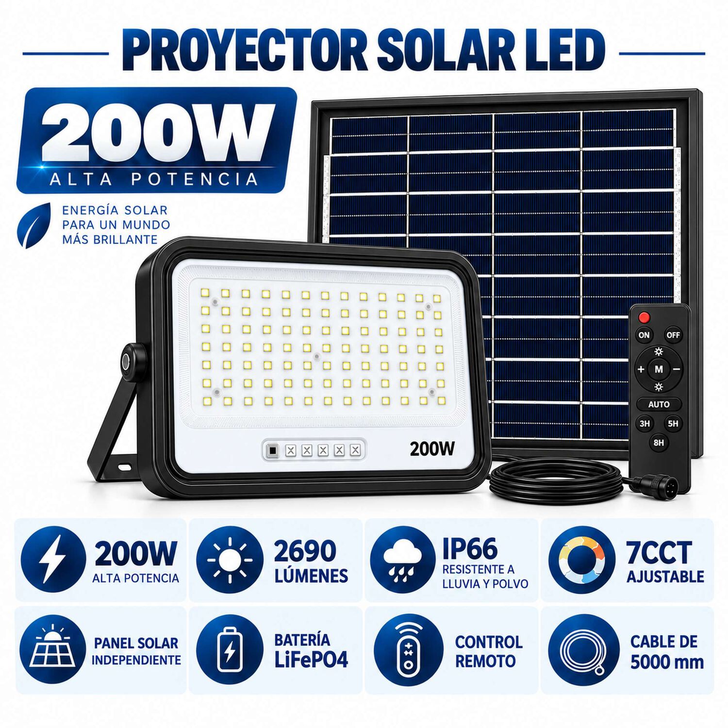 Proyector Led 200w Ip68 Con Panel Solar Independiente + Cable 5mt image number 4.0