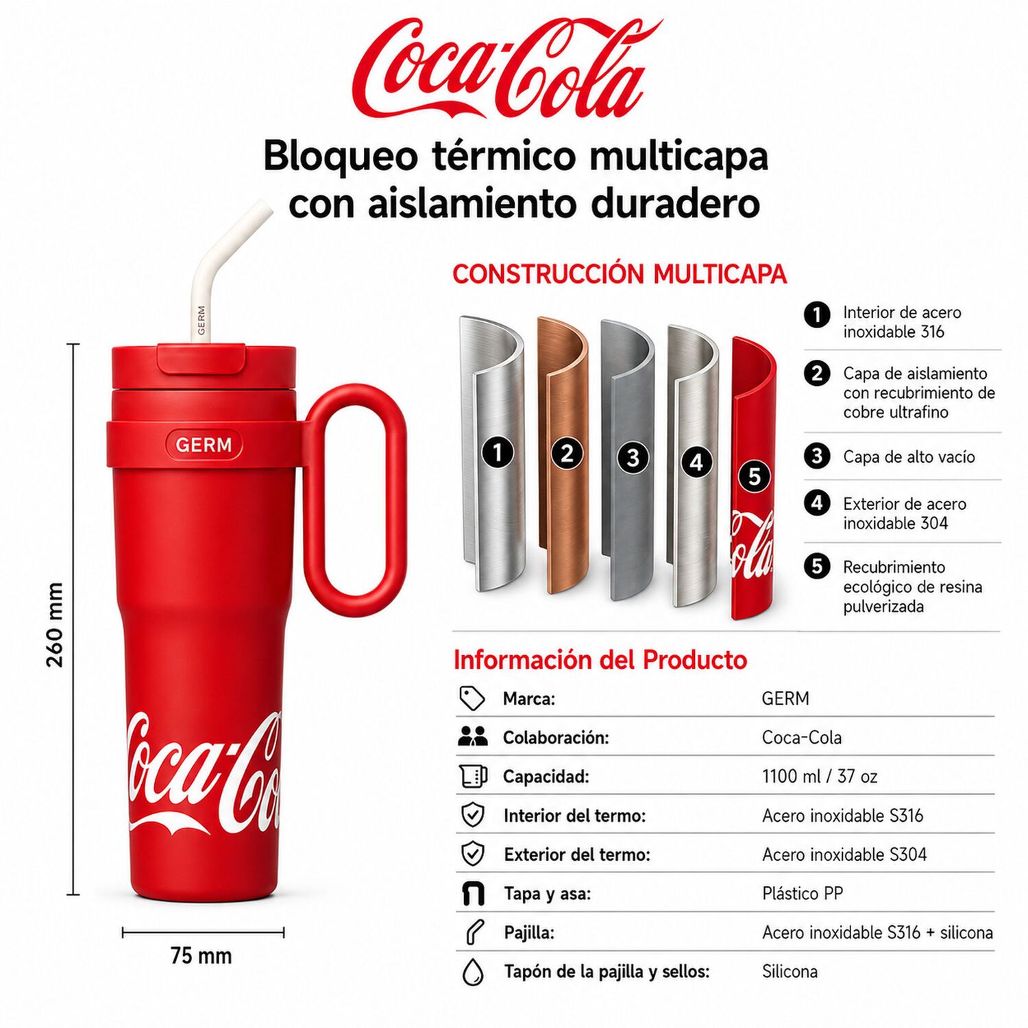 Vaso T&eacute;rmico Germ Coca-cola 1100ml Red Acero Inoxidable image number 4.0