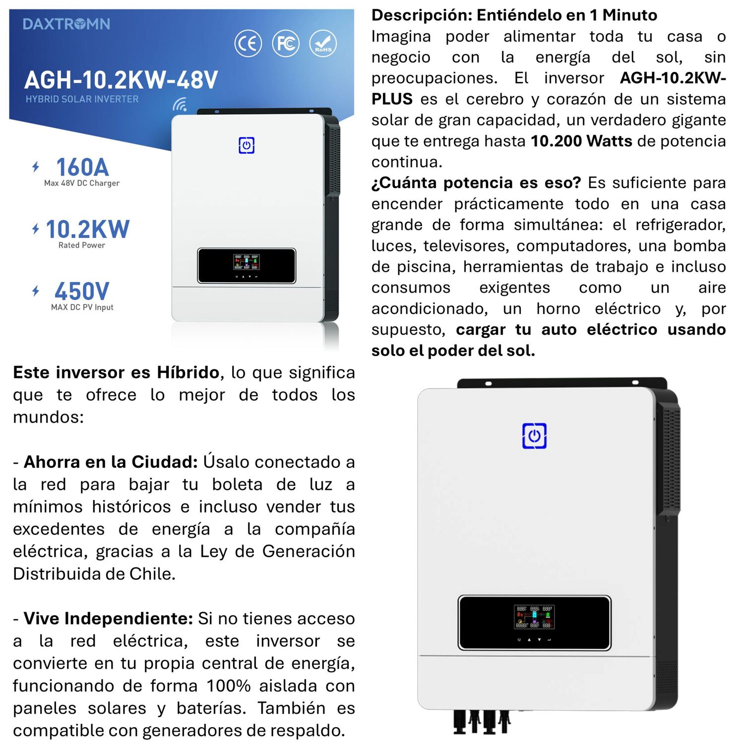 Inversor Solar Con Wifi H&iacute;brido De 10200w Con Potencia M&aacute;xima 20400w image number 1.0
