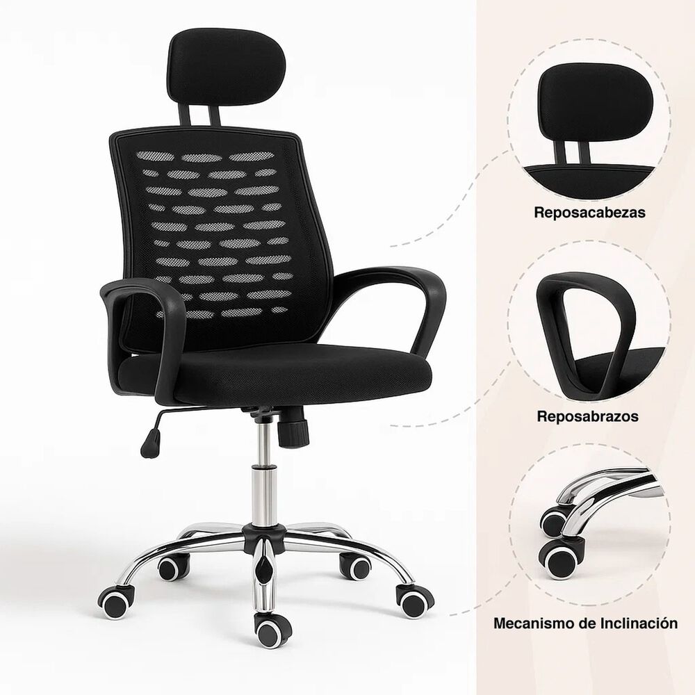 Silla Oficina Simply Mesh Negra Con Apoyabrazos Y Cabeza image number 4.0