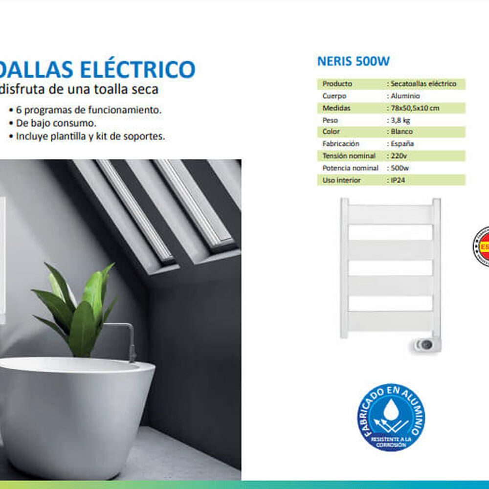 Toallero Radiador Secatoallas El&eacute;ctrico Neris 500w Blanco Primaterm image number 4.0
