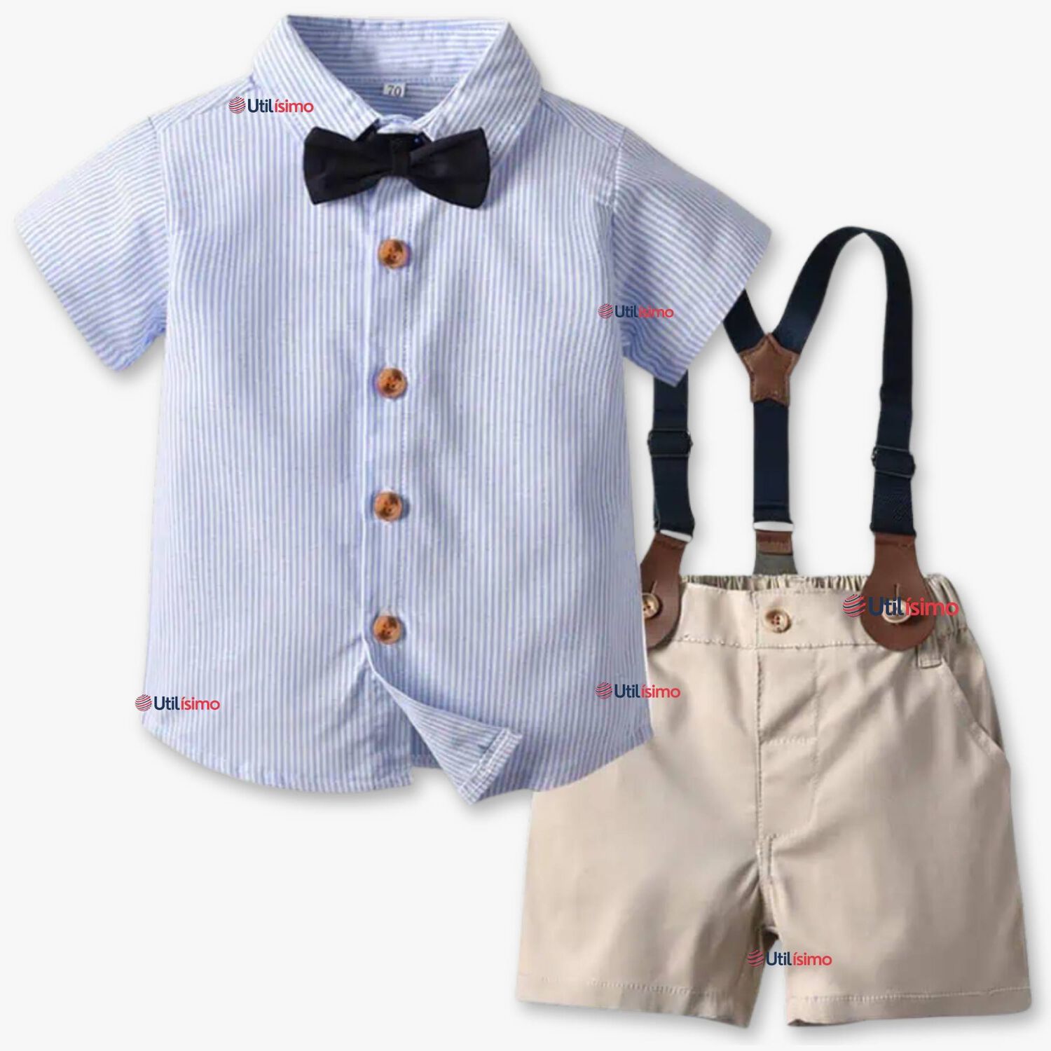 Conjunto Traje De Vestir Con Tirantes Camisa De Rayas Short Algod&oacute;n Bebes image number 0.0