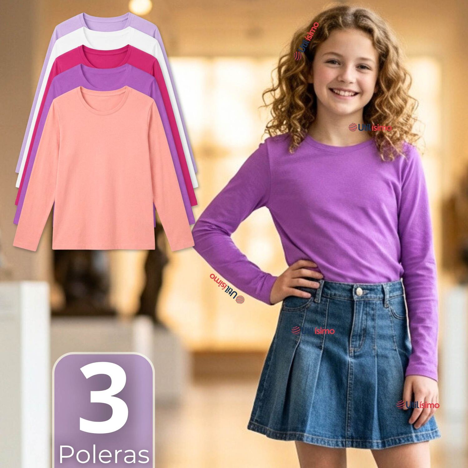 Pack 3 Poleras Camisetas Polar Primera Capa Cuello Redondo Manga Larga Colores Surtido Ni&ntilde;a image number 0.0