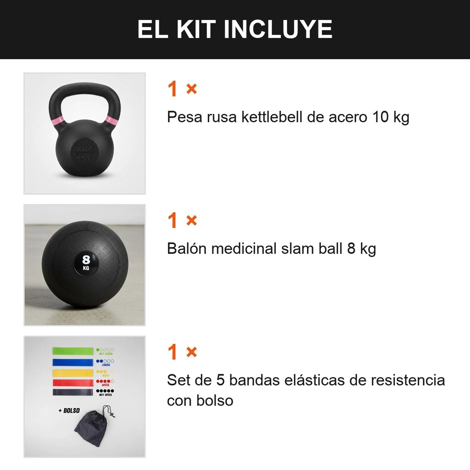 Kit Entrenamiento Funcional Kettlebell 10kg + Slam Ball 8kg Negro image number 7.0