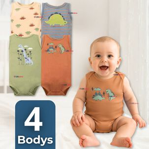 Pack 4 Bodys Ni&ntilde;o Sin Manga Tedmimak 100% Algod&oacute;n Baby Dino