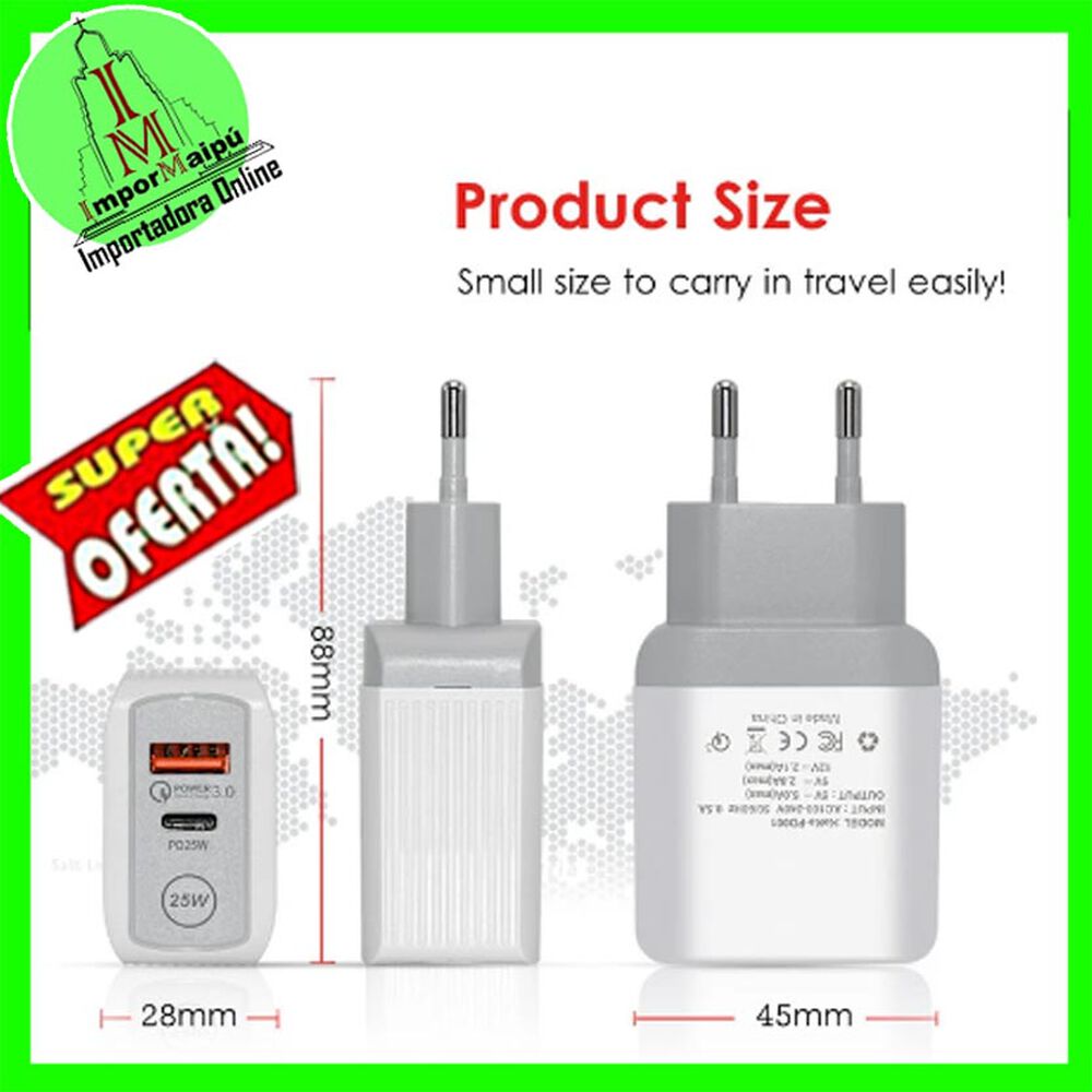 Cargador De Pared Para Celular 25w Tipo C Y Usb Normal Carga Rapida Para Iphone Android Samsung image number 2.0