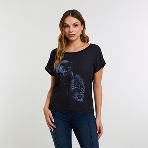 Polera Doble Tela Con Estampado Delantero Manga Corta Mujer Kimera