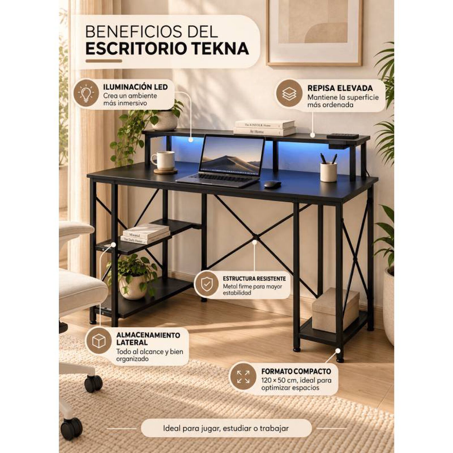 Escritorio Gamer Tekna 120 Cm Con Luz Led Y Estructura Met&aacute;lica image number 4.0