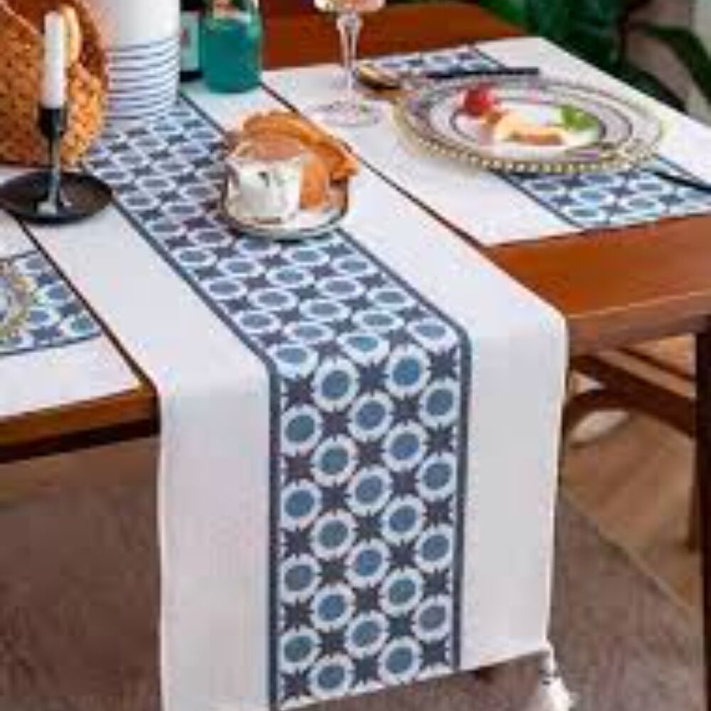 Camino De Mesa Tejido Azul - Dise&ntilde;o Estrella image number 0.0