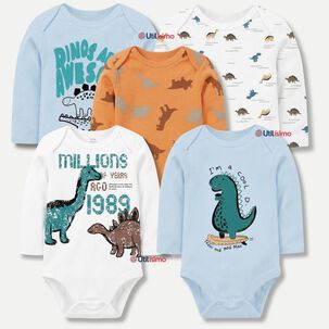 Pack 5 Bodys Manga Larga 100% Algod&oacute;n Beb&eacute; Ni&ntilde;o Dino Aventure